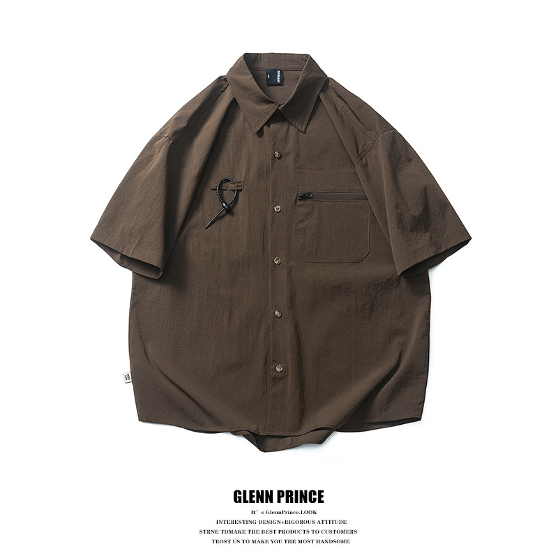 Gpstudio Japanese-Style Solid Color Zipper Pocket Short-Sleeve Work Shirt for Men, New Summer Model with a High-End Feel, Versatile Shirt