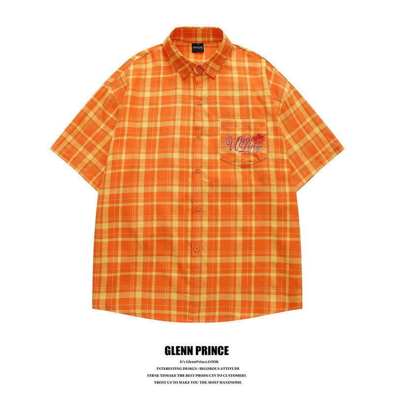 Gpstudio Dopamine Floral Letter Embroidery Plaid Short-Sleeve Shirt Men's Trendy Brand Couple Half-Sleeve Orange Shirt Gpstudio Dopamine Floral Letter Embroidery Plaid Short-Sleeve Shirt Men's Trendy Brand Couple Half-Sleeve Orange Shirt
