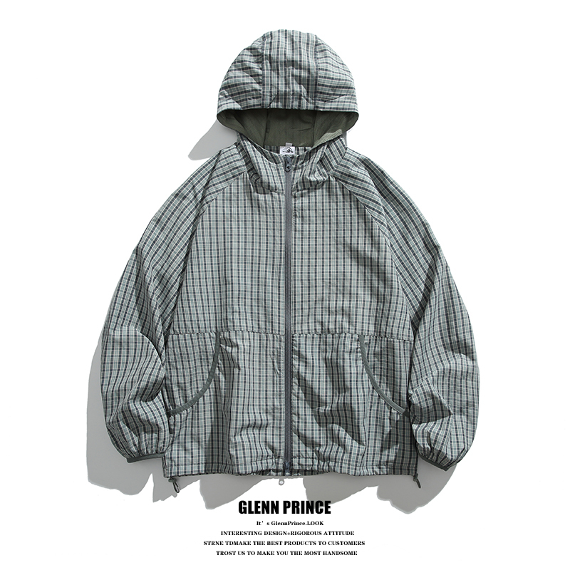 Gpstudio American-Style Outdoor Windproof Plaid Hooded Jacket, Spring and Autumn Trendy Brand Thin Loose Workwear Jacket for Men