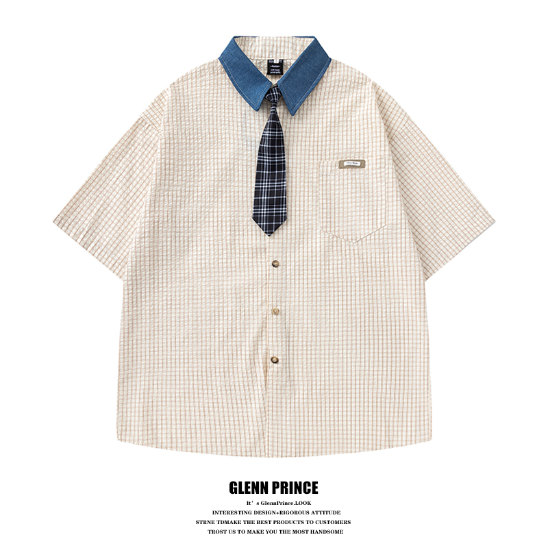 Gpstudio American Style Trendy Brand Bubble Gauze Plaid Color-Blocked Lapel Short-Sleeve Shirt for Men, Versatile Summer Tie Shirt