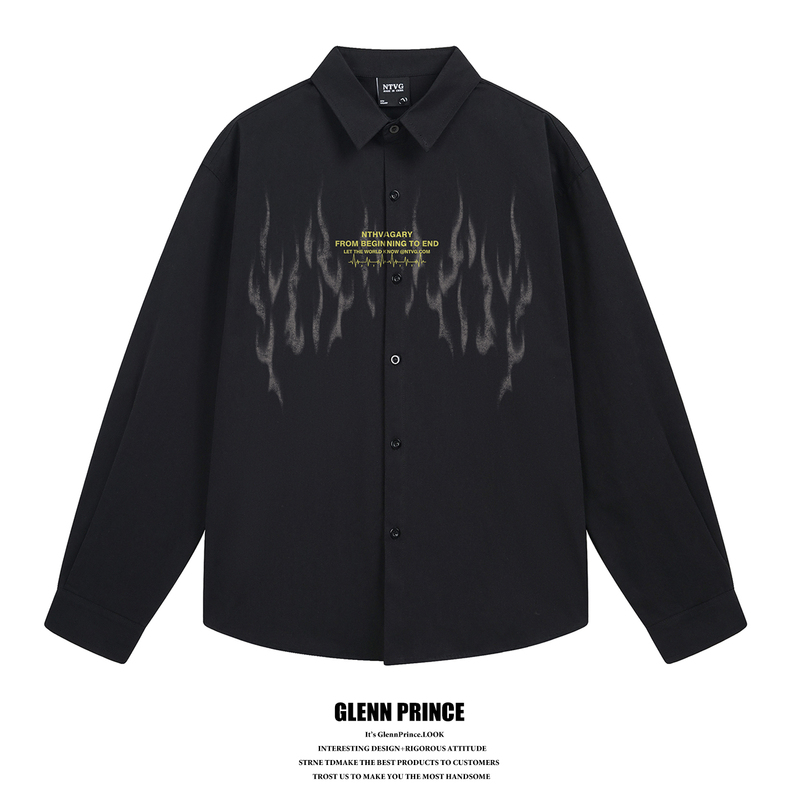 Gpstudio Dark Subculture Flame Print Long-Sleeved Shirt Men's Autumn Street Niche Loose Cotton Shirt