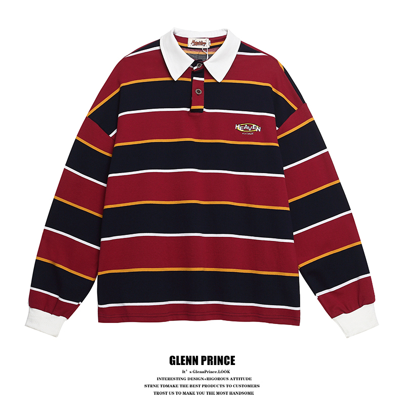 Gpstudio American Retro Contrast Stripesd Rugby Polo Shirt Men's Autum Preppy Style Loose Long-Sleeved Top