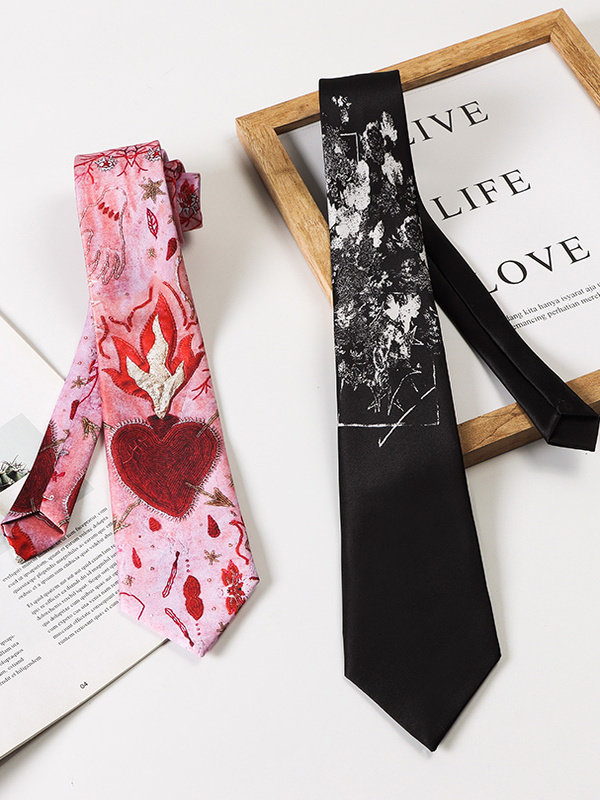 Yohji Yamamoto Japanese Style Floral and Bone Print Tie, Unisex, Japanese Dark Style, Pink Flame Heart