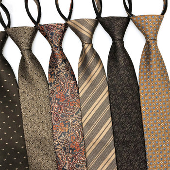 Brown Retro Striped Tie for Women, Japanese Jk School Style, Lazy No-Tie Zipper-Style Shirt Tie for Men, Champagne Color