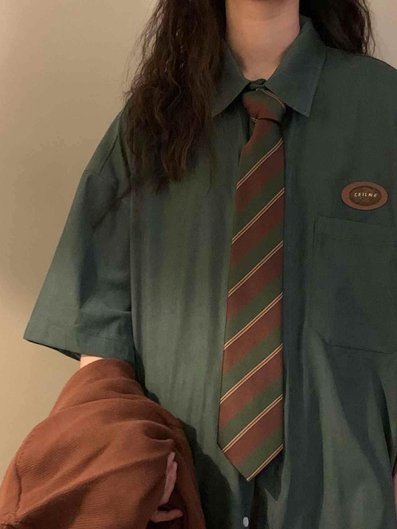 Green Striped Brown Hand-Tied Tie Shirt Accessory for Women, Retro Style Casual Versatile Jk School Style Tie for Women