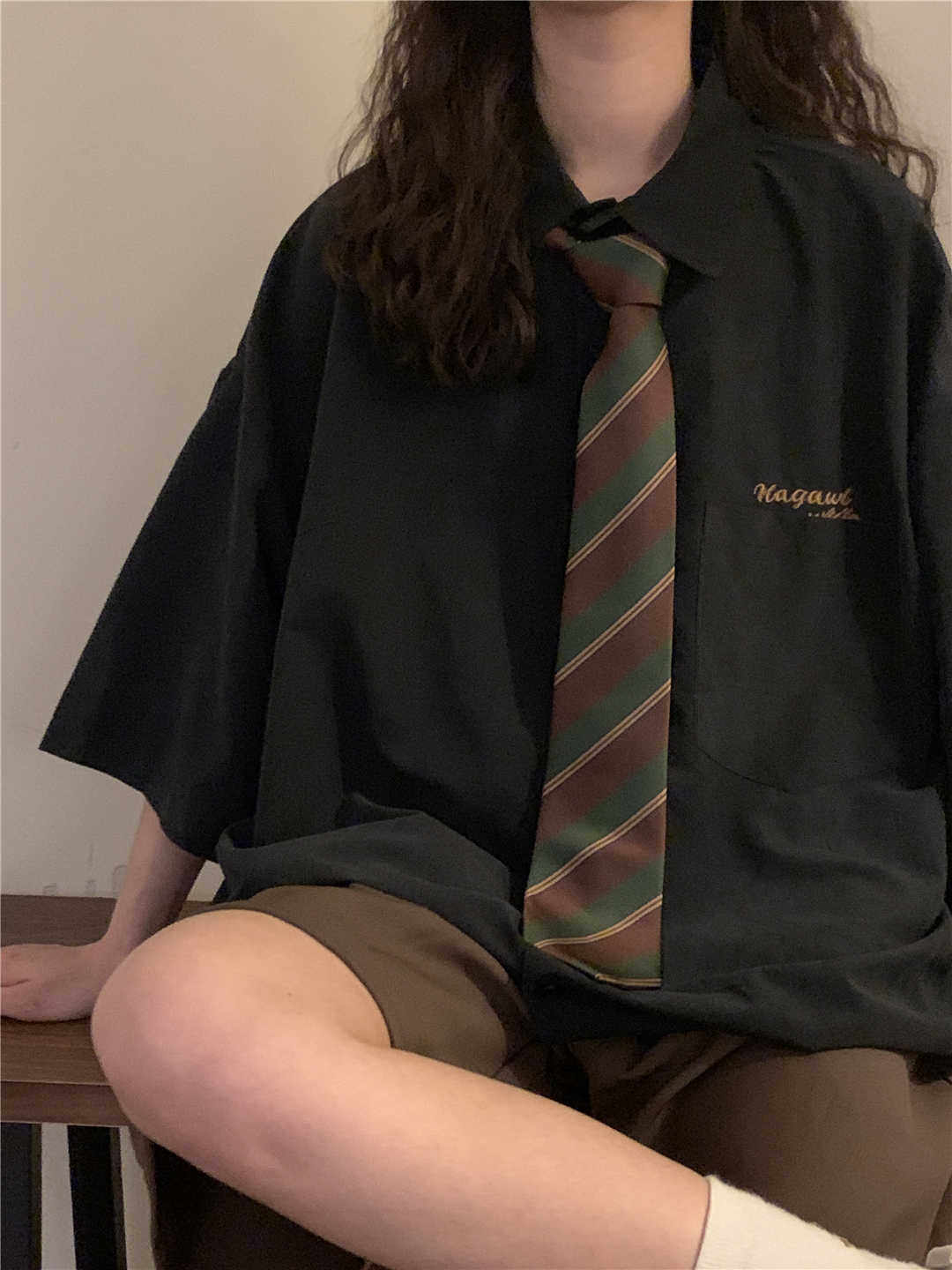 Green Striped Brown Hand-Tied Tie Shirt Accessory for Women, Retro Style Casual Versatile Jk School Style Tie for Women