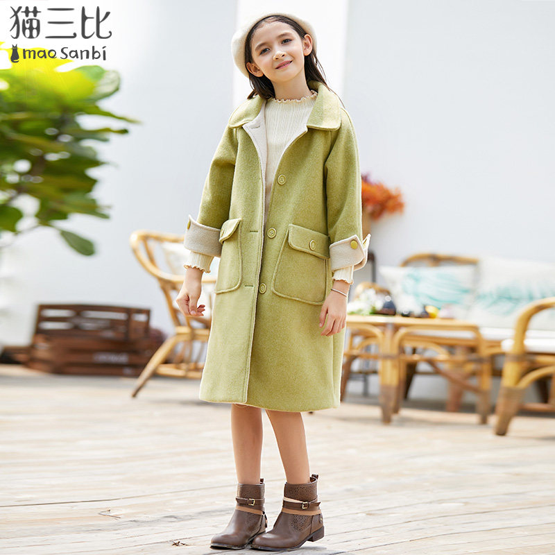 Double-sided woolen coat girl long version 2020 new avocado green children's woolen coat autumn and winter foreign pie