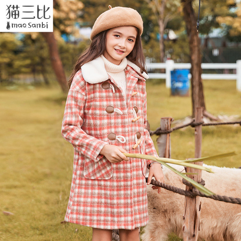 Girl Plaid Hair Coat 2022 Winter Dress New Han Edition Great Boy Children Middle version of children Giant Coat Horn Clasp