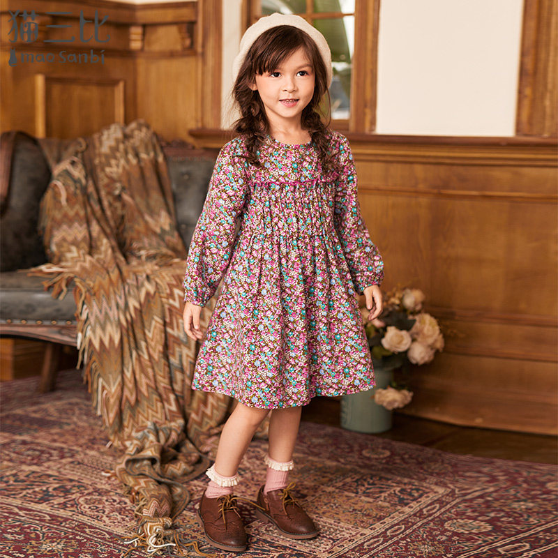 Girl Long Sleeve Ocean Dress Autumn Dress CUHK Child Crummy Skirt Retro Little Girl Child Pure Cotton Skirt Spring Autumn Foreign Pie