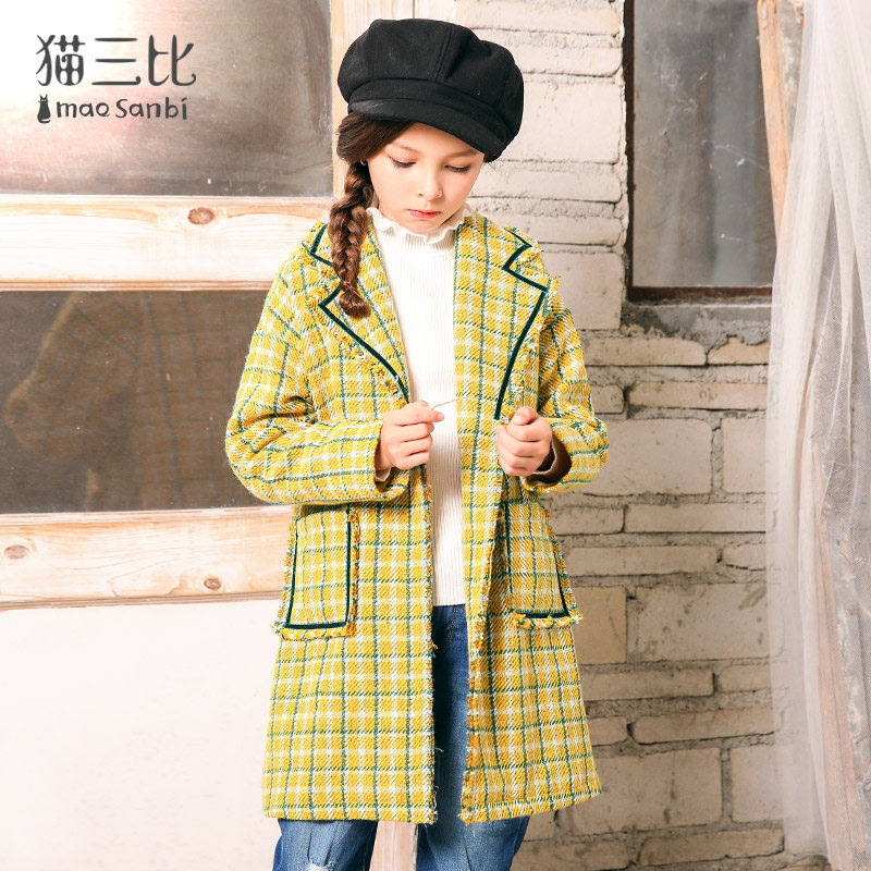 Girl's woolen sweaty coat with velvet thickened autumn and winter new CUHK Tong Yellow plaid children in the long version of the child jacket