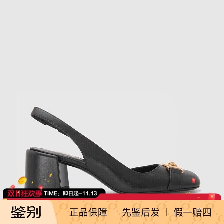 In Stock Versace Versace New Leather Medusa Pattern Decorative Chunky Heel Round Toe Women's High Heel Sandals