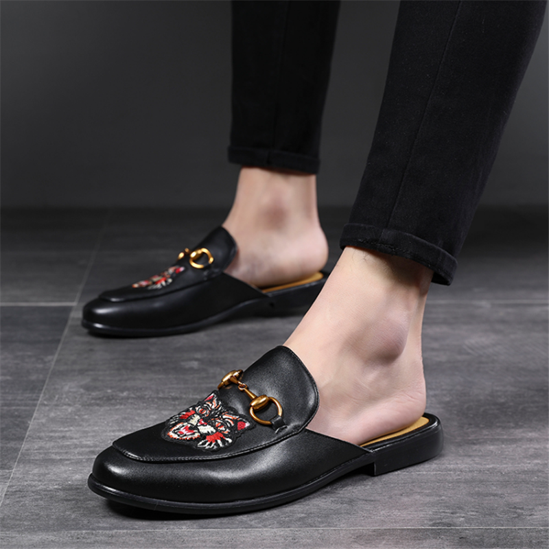 Men's leather shoes no heel Korean version Trend 100 lap Inron genuine leather One foot pedal sloppy shoes Bean Bean Shoes Half Slipper Men