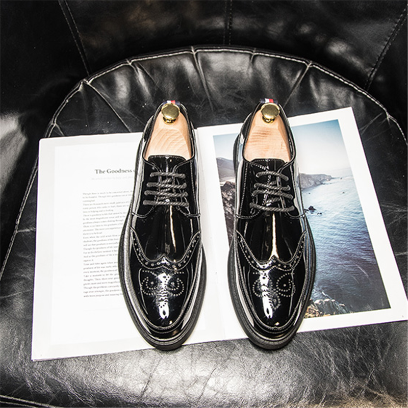 Leather shoes men's Korean style trendy all-match British style lace-up business formal casual leather shoes patent leather men's brogues - Taobao