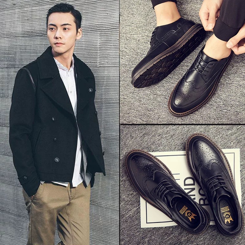 European station men's brogue leather shoes British retro business suit all-match plus velvet Korean style trendy casual men's shoes