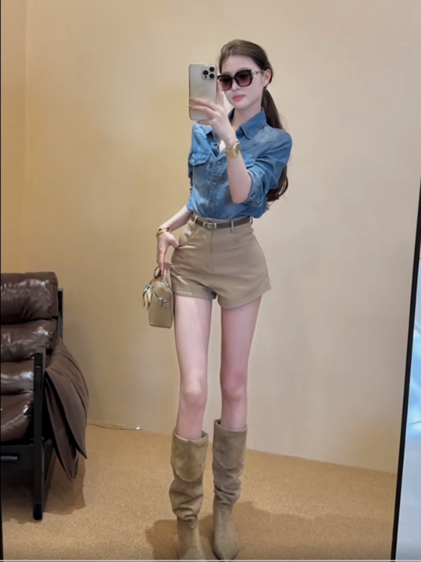 여름 아메리칸 레트로 품격 몸매 가꾸기 폴로 칼라 데님 긴팔 여성 코트 하이웨이스트 와이드 레그 팬츠 반바지 핫걸 세트 상세 이미지 8