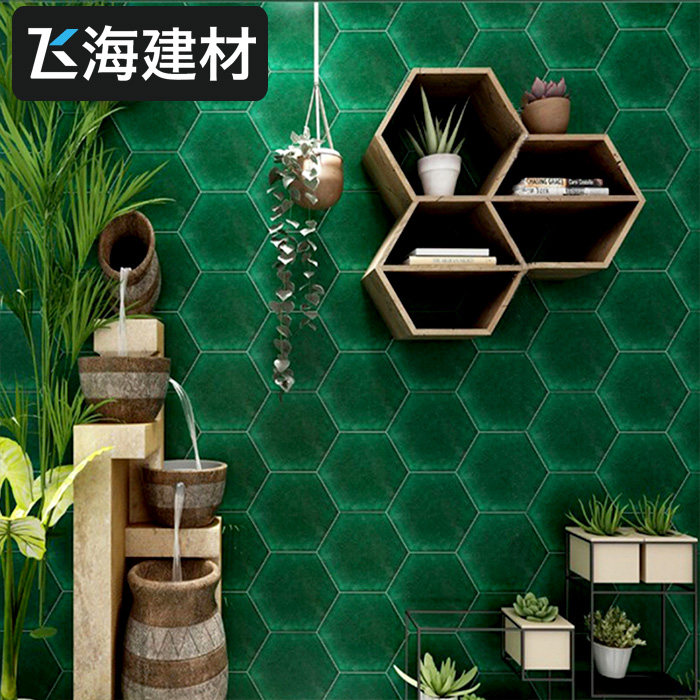 Ink Green Hexagonal Brick Kiln Variable Handmade Tiles Makeup room Kitchen Bathroom Retro Ice Cracked glazed with background wall brick