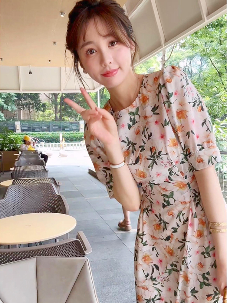 收腰显瘦碎花雪纺短袖连衣裙2024新款女夏季绑带设计感气质长裙子