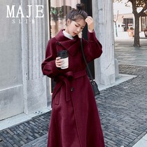 SLIM MAJE woolen jacket female little man 2021 new wine red medium long double-sided woolen coat