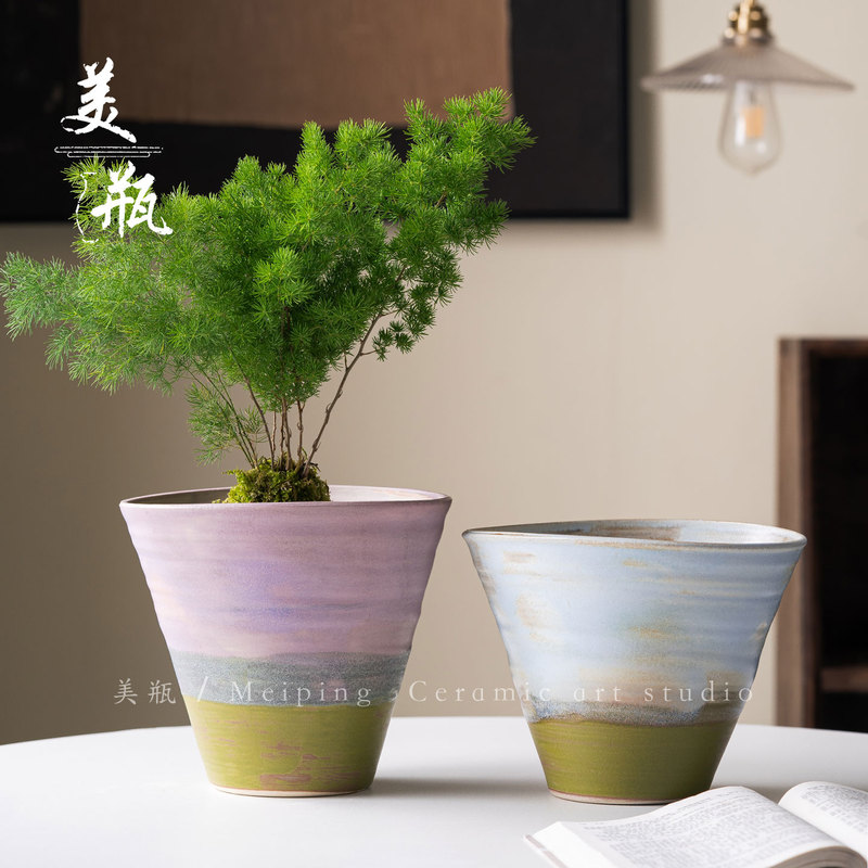Jingdezhen Oil Painting Ceramic Vase, Light Luxury, High-End, Healing, Fresh, Pastoral Style, Creative Gradient Color Green Plant Flower Pot