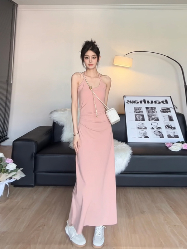 Tea Break French-Style High-End Pink Spaghetti Strap Dress 2025 New Women's Summer Fitted Halter Neck Long Dress