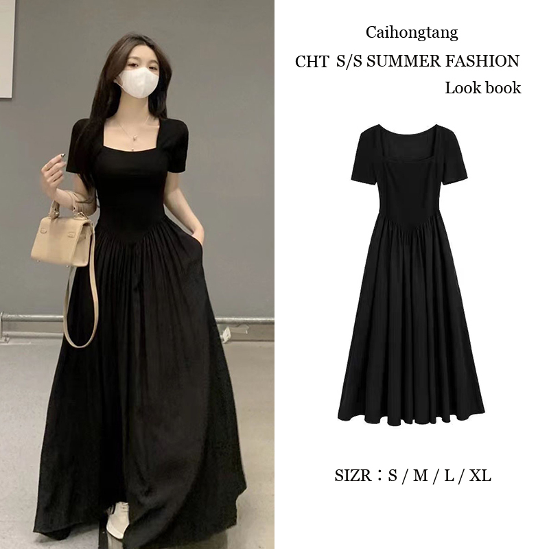 Long Patchwork Square-Neck Short-Sleeve Dress 2024 New Design Niche Hepburn Style Slim Waist Long Dress for Women