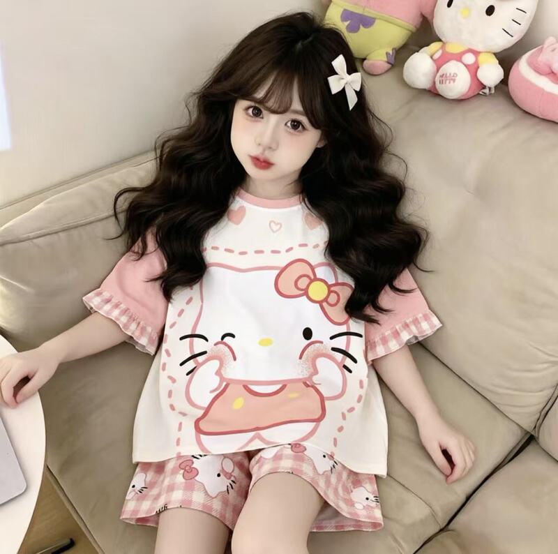 Girls' Cute Cartoon Cloud Cotton Round-Neck Pajamas, Summer Short-Sleeved Big-Faced Kitty Cat Home Clothes, Children's Clothing