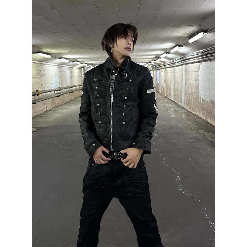 Subculture Black Leather Jacket for Men, Spring and Autumn Slim Fit, Cross Visual Style Punk Short Jacket Top
