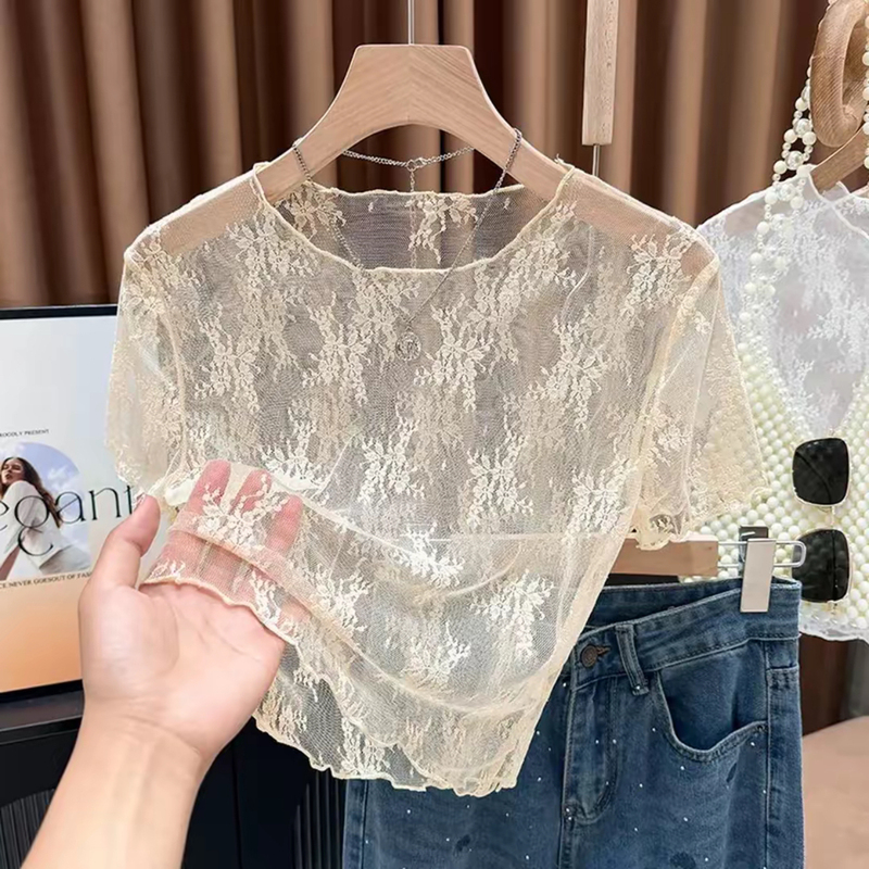 Ruffled Lace Short-Sleeve T-Shirt for Women, Worn under a Slip Dress, Anti-Exposure Half-Piece Short Ice Silk Mesh Top Ruffled Lace Short-Sleeve T-Shirt for Women, Worn under a Slip Dress, Anti-Exposure Half-Piece Short Ice Silk Mesh Top