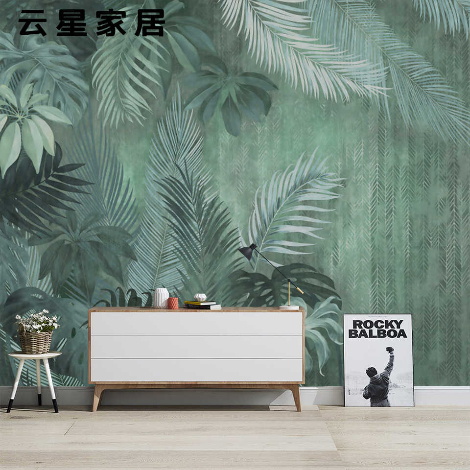 北歐手繪復古植物芭蕉葉壁紙客廳電視背景牆紙無縫不織布壁畫牆布