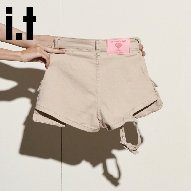 Chocoolate American Retro Khaki Workwear Denim Shorts for Women, High-Waisted, Sexy Tie-Up A-Line Hot Pants