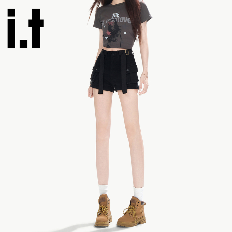 It:Chocoolate Street Style Black Cargo Denim Shorts for Women, Summer American High-Waisted A-Line Hot Pants Trendy