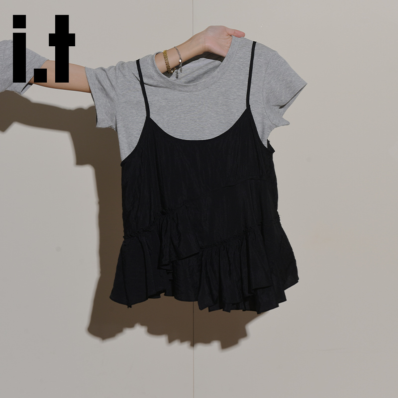 It:Chocoolate Korean-Style Gray Round-Neck Short-Sleeve T-Shirt for Women, Black Versatile Camisole, Casual Layered Two-Piece Set