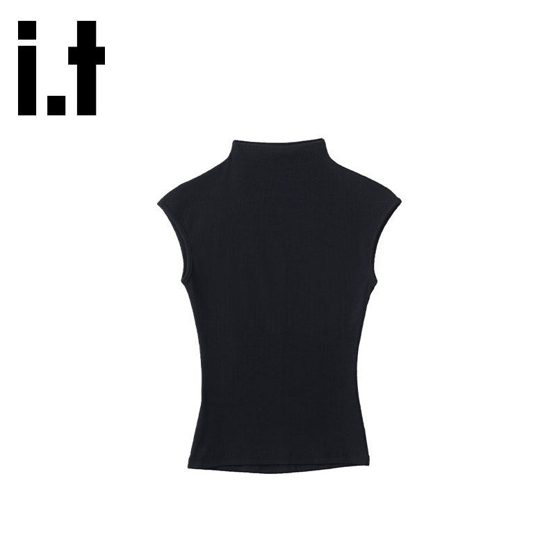 It:Chocoolate American-Style Black Knitted Sleeveless T-Shirt for Women, Autumn Half-High Collar, Regular Shoulder, Slim Fit Top