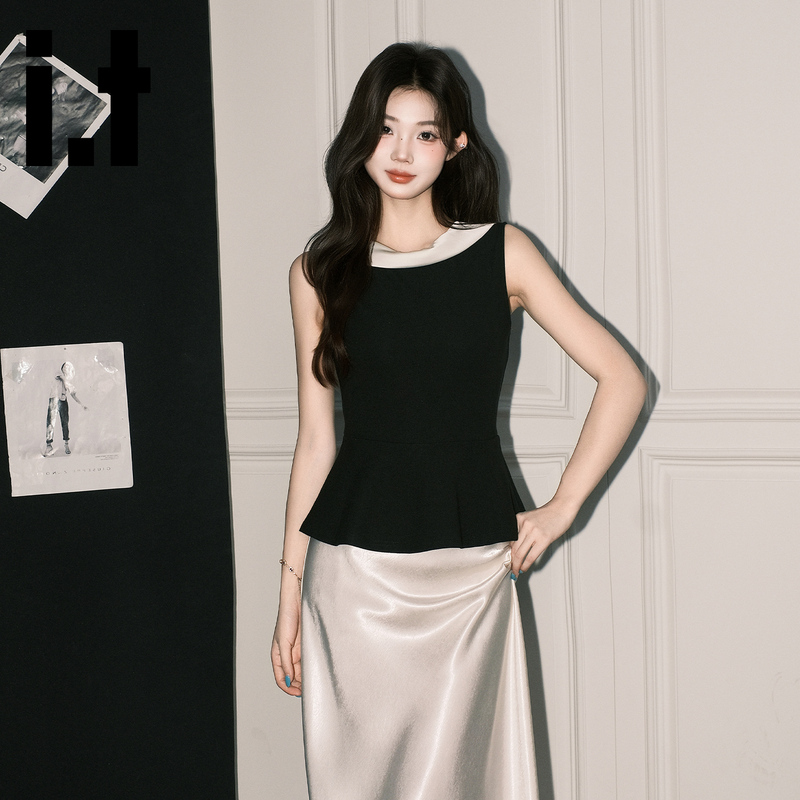 It:Chocoolate French Hepburn Style Black Waist-Cinching Sleeveless Shirt for Women, Unique Satin Patchwork Top for Summer It:Chocoolate French Hepburn Style Black Waist-Cinching Sleeveless Shirt for Women, Unique Satin Patchwork Top for Summer