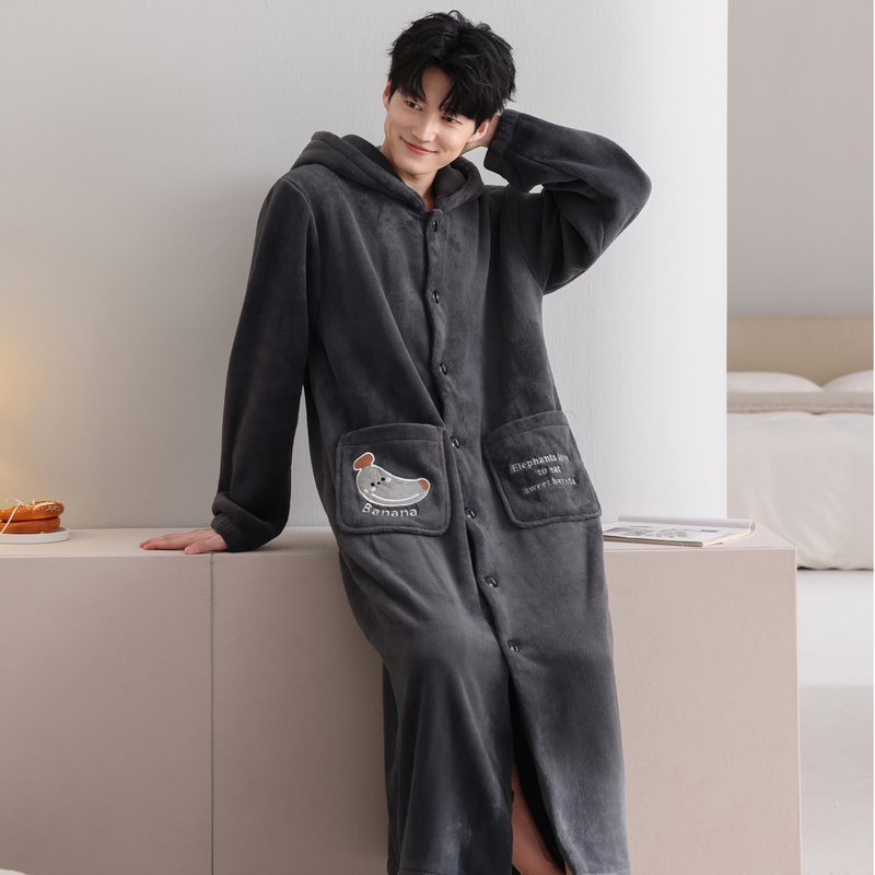 Coral Velvet Pajamas for Men in Autumn and Winter 2026 New Thickeneded Flannel Long Hooded Men's Cardigan Buttoned Nightgown Coral Velvet Pajamas for Men in Autumn and Winter 2026 New Thickeneded Flannel Long Hooded Men's Cardigan Buttoned Nightgown