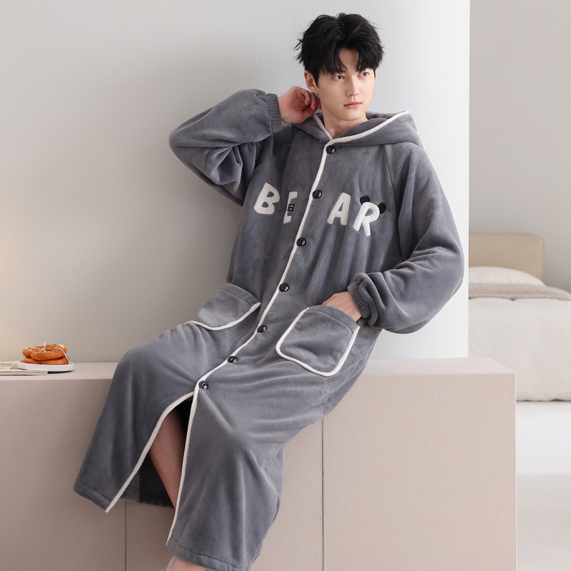 Coral Velvet Nightgown for Men, Autumn and Winter Thickened Thin Velvet Flannel Long Cardigan Single Piece Hooded Men's Pajamas Winter Coral Velvet Nightgown for Men, Autumn and Winter Thickened Thin Velvet Flannel Long Cardigan Single Piece Hooded Men's Pajamas Winter