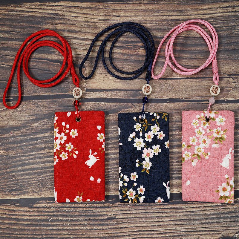 Cherry blossom rabbit bus card holder, student meal card, subway access control cartoon fabric campus access card lanyard protective cover