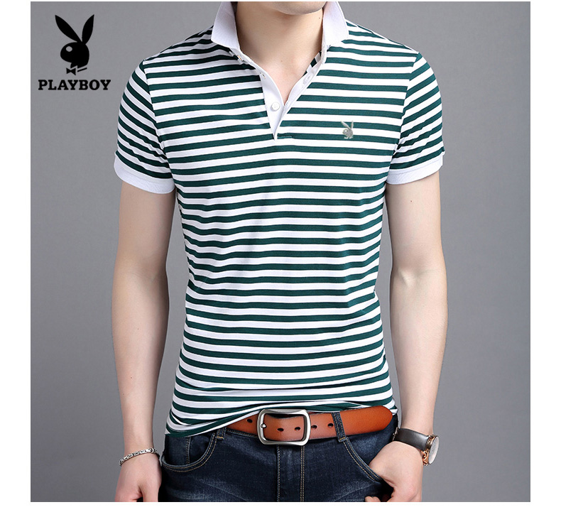Playboy Summer Mới Áo thun nam ngắn tay Hàn Quốc Thanh niên Lapel Stripe Slim Cotton Casual Áo thun nam Hàn Quốc