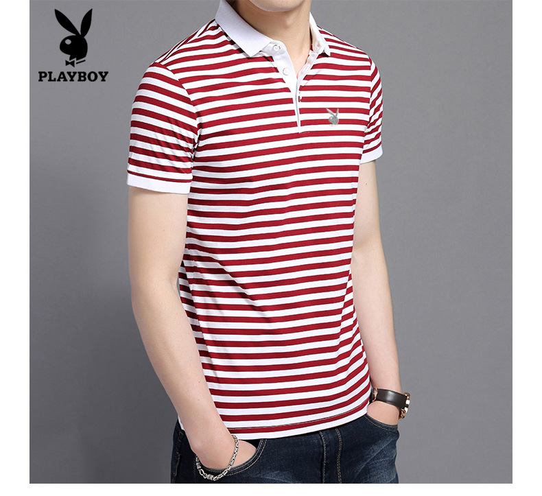 Playboy Summer Mới Áo thun nam ngắn tay Hàn Quốc Thanh niên Lapel Stripe Slim Cotton Casual Áo thun nam Hàn Quốc