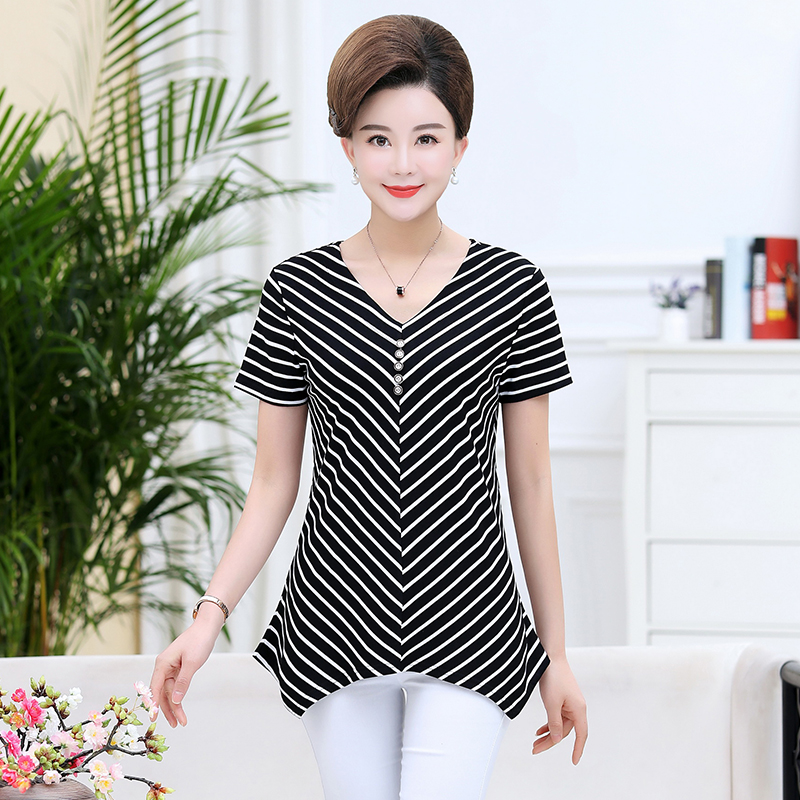 Mom Loaded With Short Sleeve Blouse Summer Dress Loose Foreign Pie 50 Year 2021 New Female Cotton Big Size Fashion Short version T-shirt