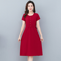 Moms summer dress red small short-sleeved dress womens 2021 new 40-50 years old short skirt summer