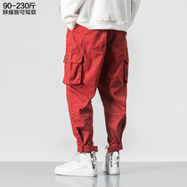 Brick red overalls Mens fashion brand velcro drawstring leg slacks Plus size fat loose casual pants summer