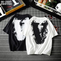 Letter V short sleeve male trendy brand T-shirt plus fat plus size fat fat loose round neck half sleeve body summer personality