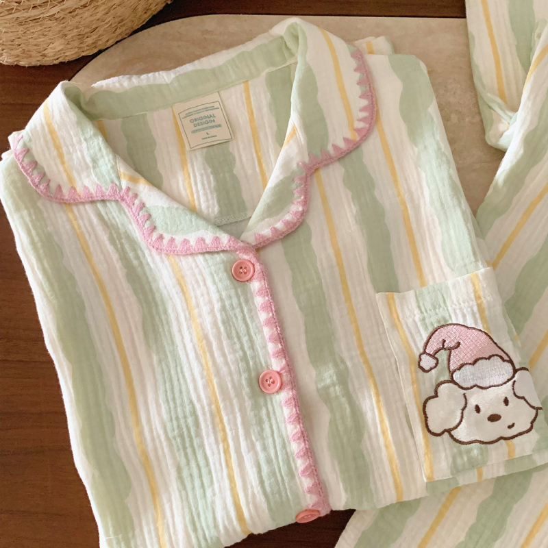 Pajamas for Women, Spring and Autumn, Long-Sleeved, Pure Cotton, Double-Layer Cotton Gauze, Blue Stripes, Curly Puppy Embroidery, Can Be Worn Outside, Home Wear Pajamas for Women, Spring and Autumn, Long-Sleeved, Pure Cotton, Double-Layer Cotton Gauze, Blue Stripes, Curly Puppy Embroidery, Can Be Worn Outside, Home Wear