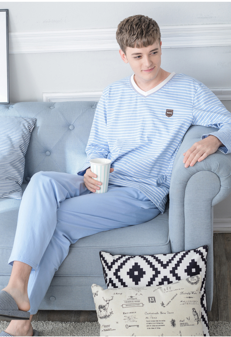 Bộ đồ ngủ nam cotton dài tay mùa xuân và mùa thu phiên bản Hàn Quốc của đầu sọc XL có thể mặc bên ngoài dịch vụ cotton mùa đông tại nhà - Cha mẹ và con bộ mặc nhà cho cả gia đình
