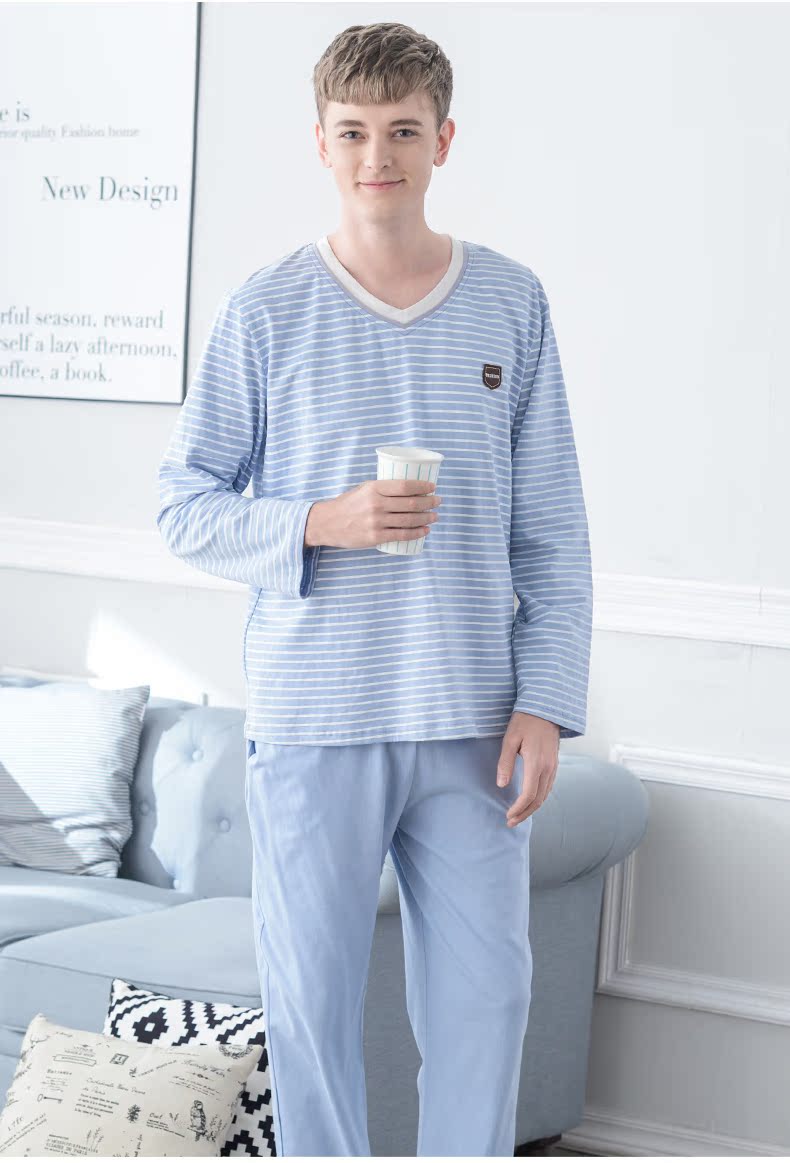 Bộ đồ ngủ nam cotton dài tay mùa xuân và mùa thu phiên bản Hàn Quốc của đầu sọc XL có thể mặc bên ngoài dịch vụ cotton mùa đông tại nhà - Cha mẹ và con bộ mặc nhà cho cả gia đình