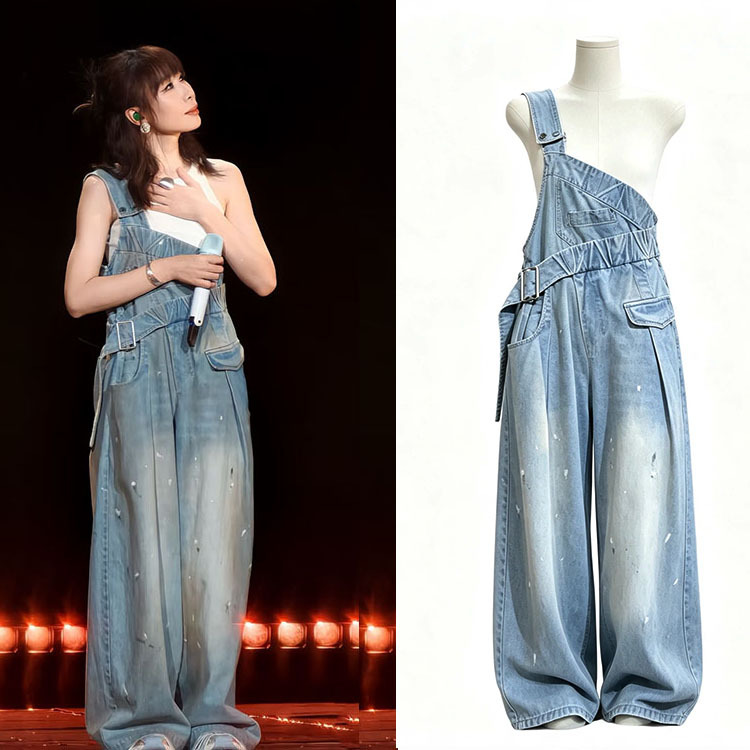Ren Suixi Concert Style One-Shoulder Graffiti Denim Wide-Leg Pants with a Unique Design, Youthful and Trendy