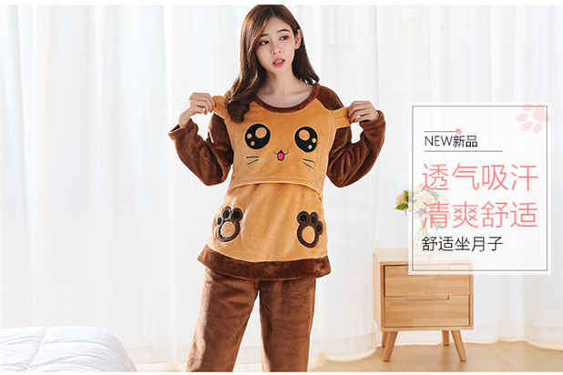 Bà bầu đồ ngủ phụ nữ mùa thu và mùa đông san hô lông cừu Mang thai sau sinh cho con bú dài tay phù hợp với quần áo dày tháng quần áo mùa đông các kiểu đồ bộ mặc ở nhà đẹp