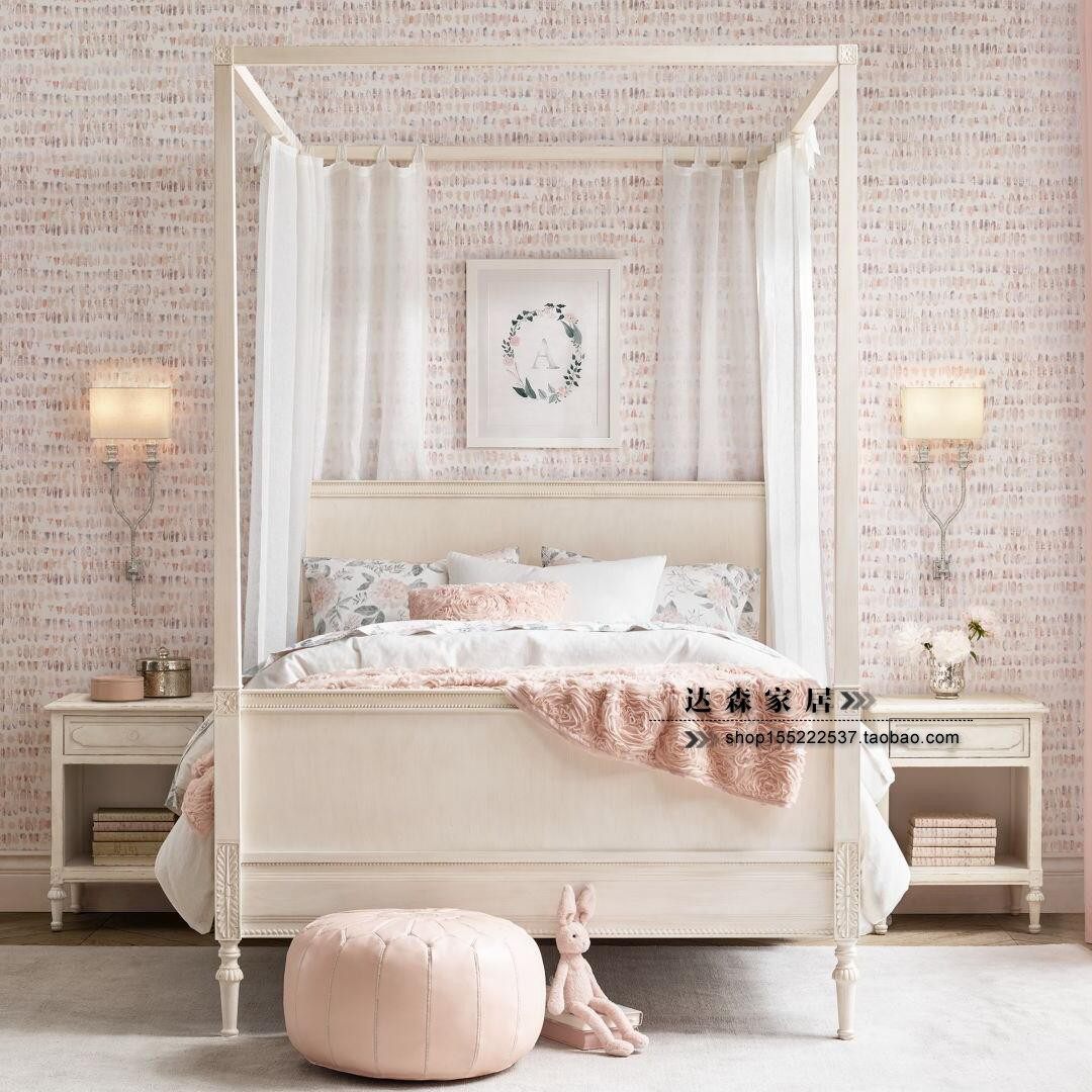 Eurostyle solid wood four-column bed net red with bed mantle Children's bed American Flower Princess With Drapery Shelf Bed Boy Bed