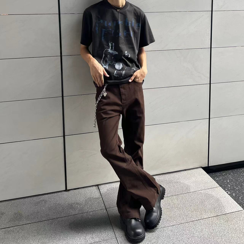 "Dawn Flowers" Italian-Made High-Density Micro-Brushed Washed Straight-Cut Deconstructed Flared Long Pants